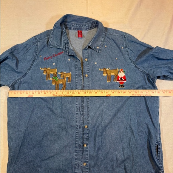 Vintage Embroidered Denim Christmas Shirt with Santa and Reindeer - Picture 6 of 8